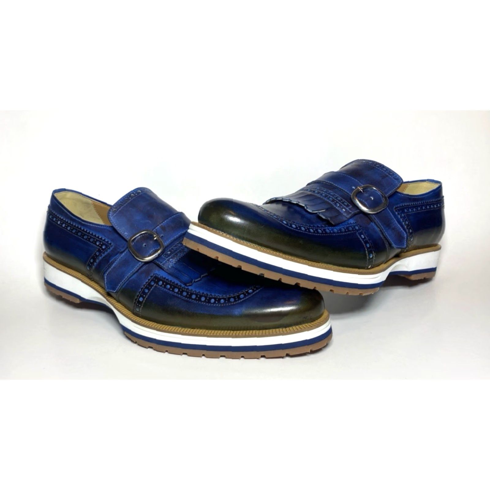 Vintage Francesco Benigno Canto de' Ricci Firenze Italy Monk Strap Loafers Mens Dress Leather Blue Sz 10 UK 10 US 11 New without box Size US 10 / EU 43 - 2 Thumbnail