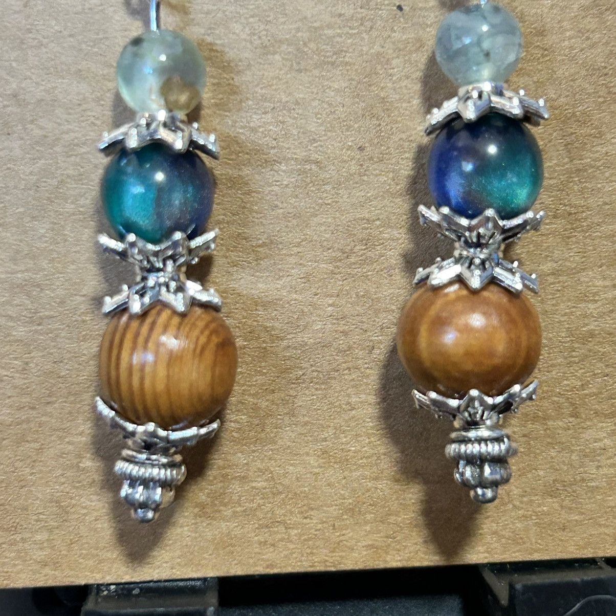 Handmade Handcrafted vintage wood bead dragon vein agate earrings Size ONE SIZE - 3 Thumbnail