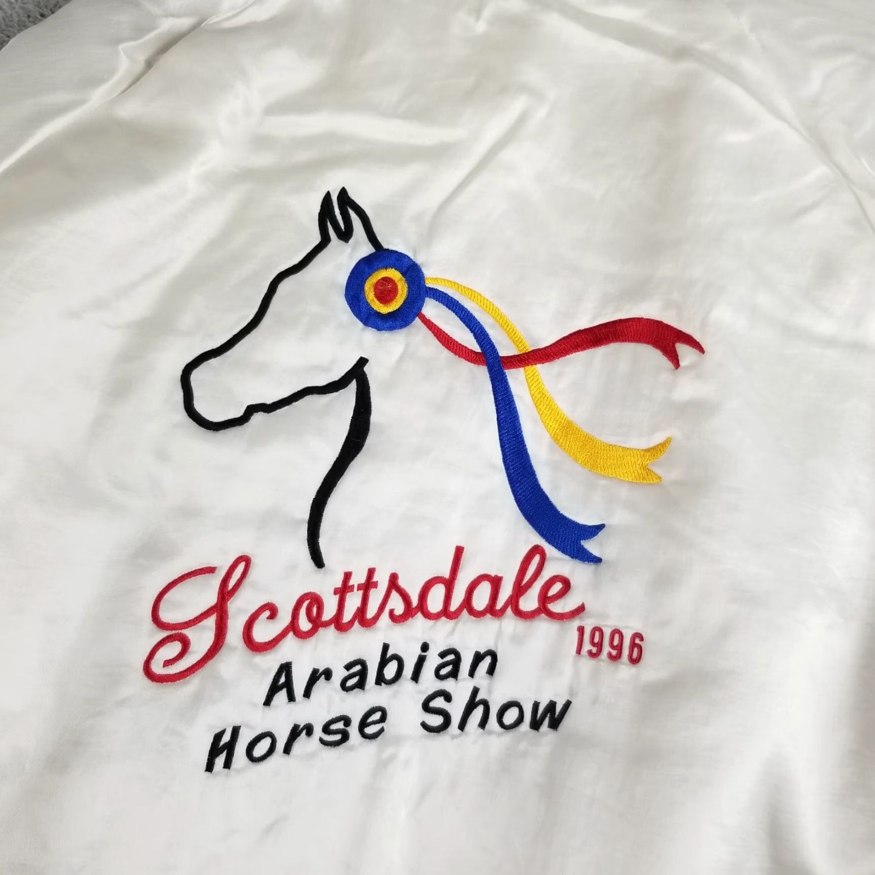 Vintage VINTAGE West Ark Satin Bomber Jacket Adult Large White Horse Scottsdale 1996 Equestrian Sports Size US L / EU 52-54 / 3 - 2 Thumbnail