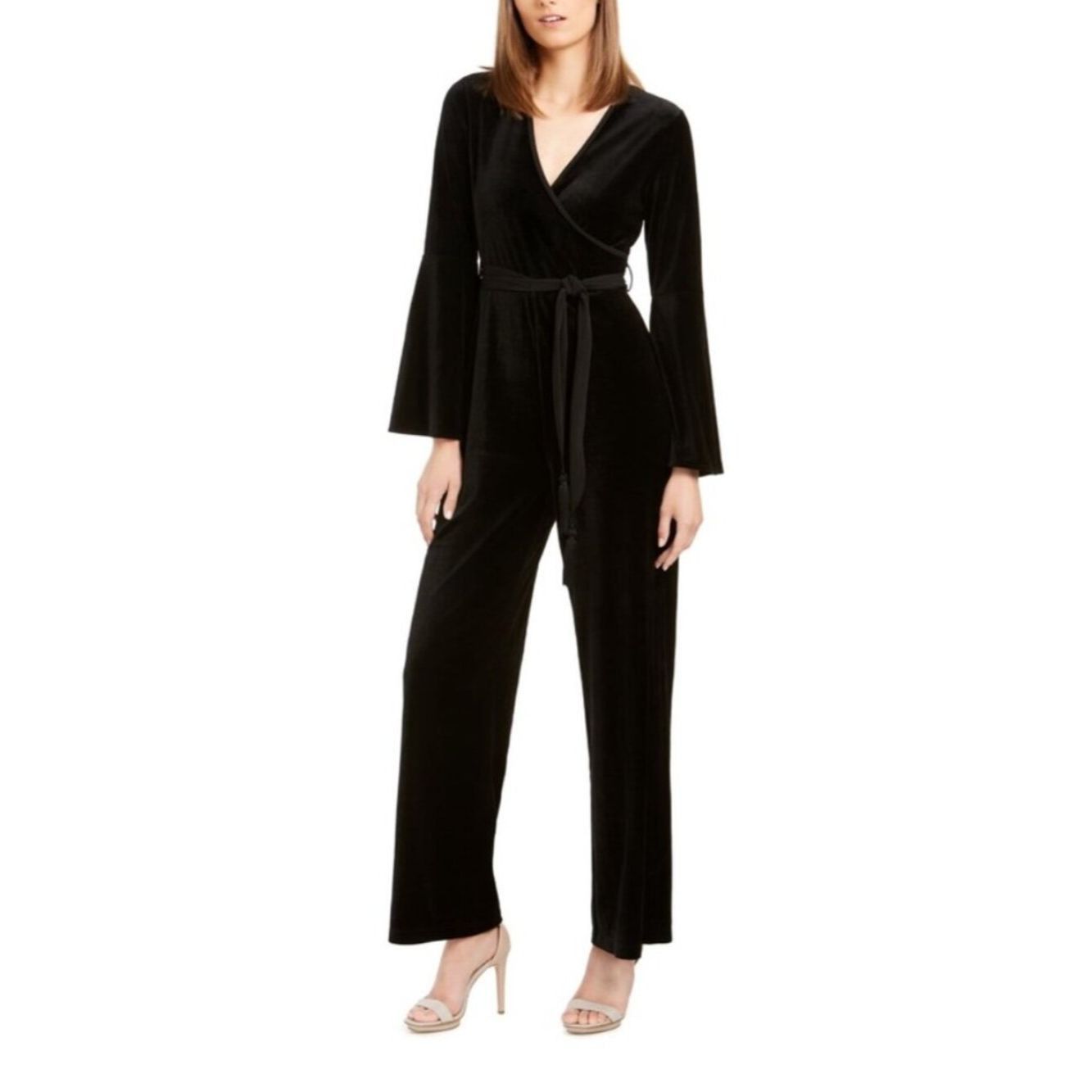Calvin Klein Calvin Klein Black Velvet Wrap Jumpsuit with Tie Waist Size Size 32" / US 10 / IT 46 - 1 Thumbnail