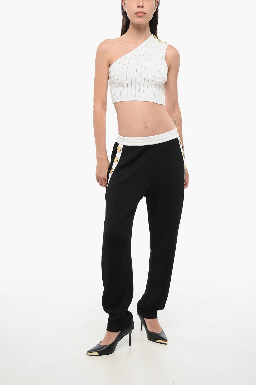 Balmain og1mm0326 Ribbed One-Shoulder Cropped Top in White Size M / US 6-8 / IT 42-44 - 4 Thumbnail