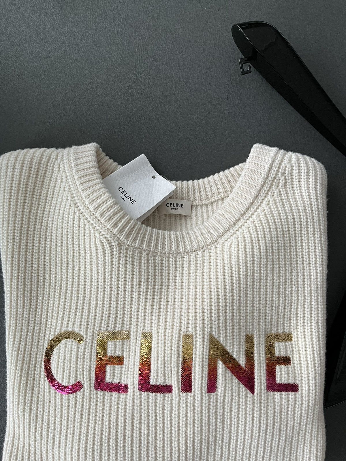 Image of Celine By Hedi Super Runway Logo Wool Sweater in White, Men's (Size XL)