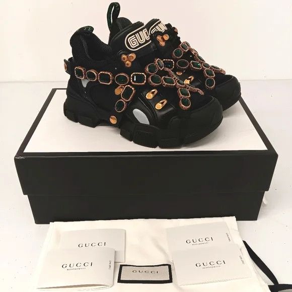 Gucci GUCCI Women's 'Black' Flashtreks w/ Crystals - EU36/US6 Size US 6 / IT 36 - 1 Thumbnail