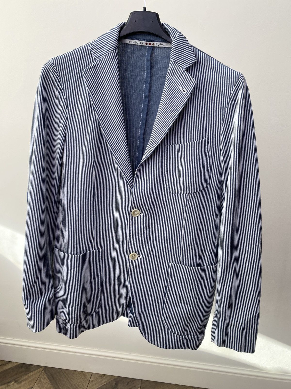 Tombolini Vintage Tombolini Blue White Striped Cotton Blazer Jacket Size 48R - 3 Thumbnail