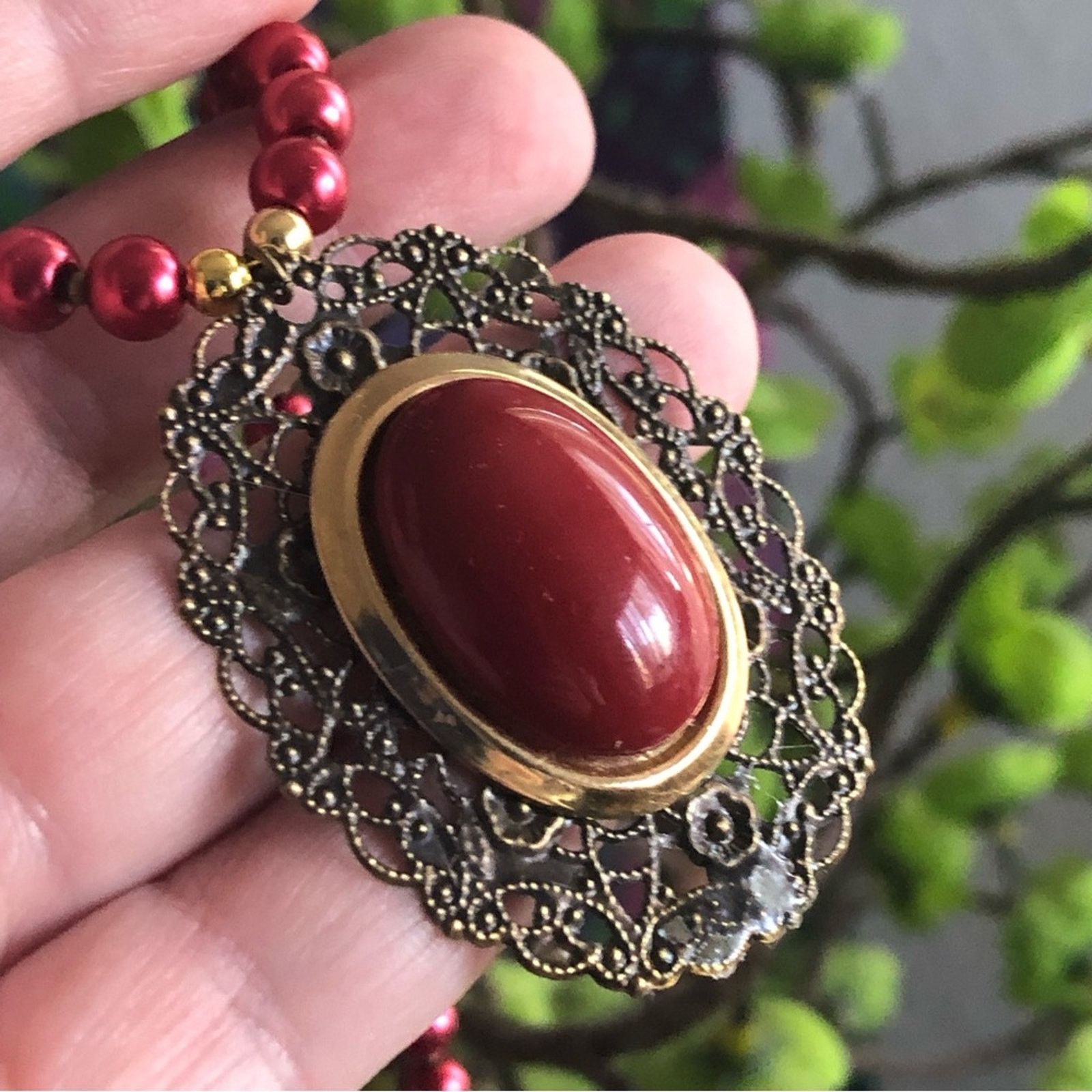 Handmade Handcrafted repurpose red cabochon filigree Pearl necklace Size ONE SIZE - 8 Thumbnail