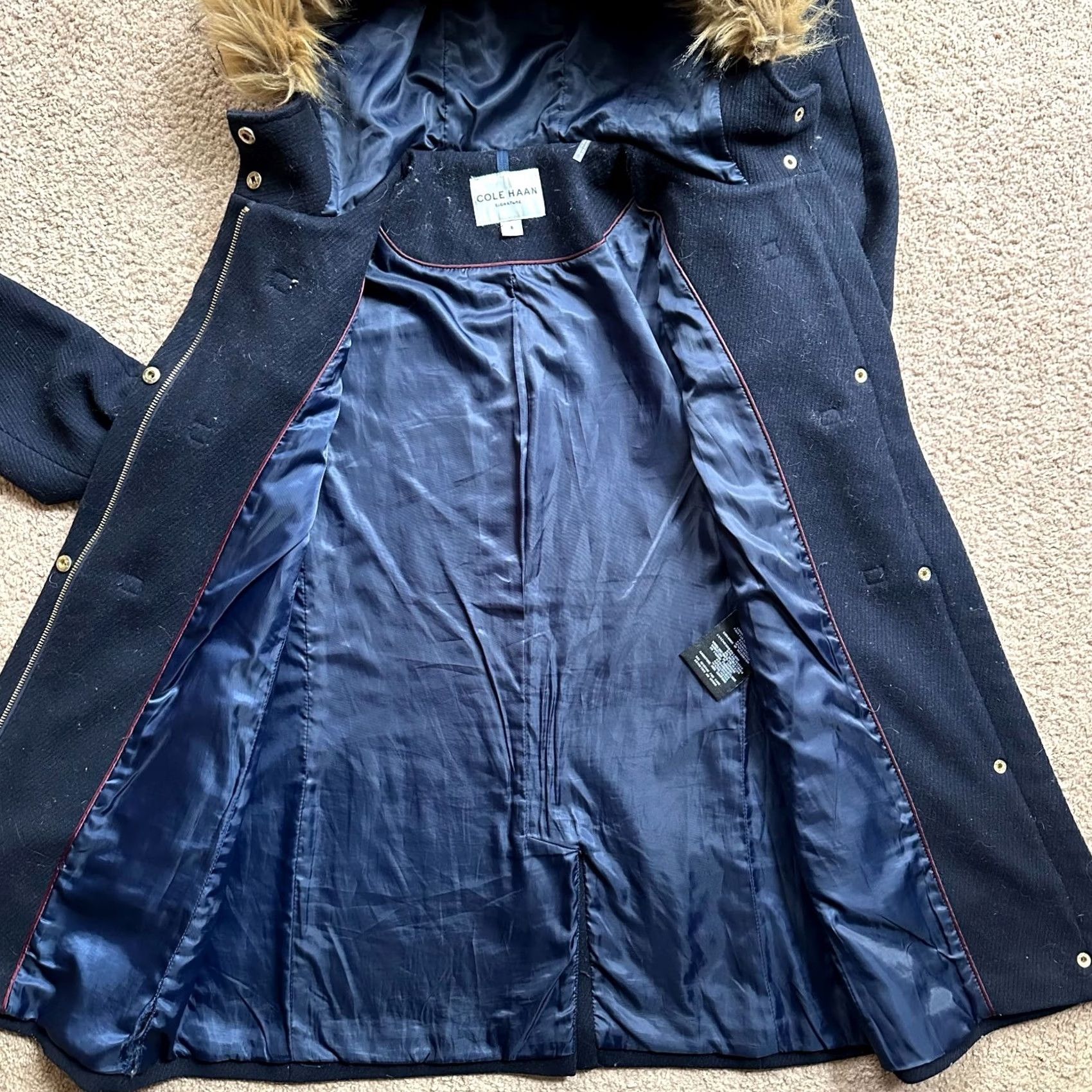 Cole Haan Cole Haan Coat Womens 6 Navy Blue Wool Blend Full Zip Faux Fur Hood Jacket Size M / US 6-8 / IT 42-44 - 3 Thumbnail
