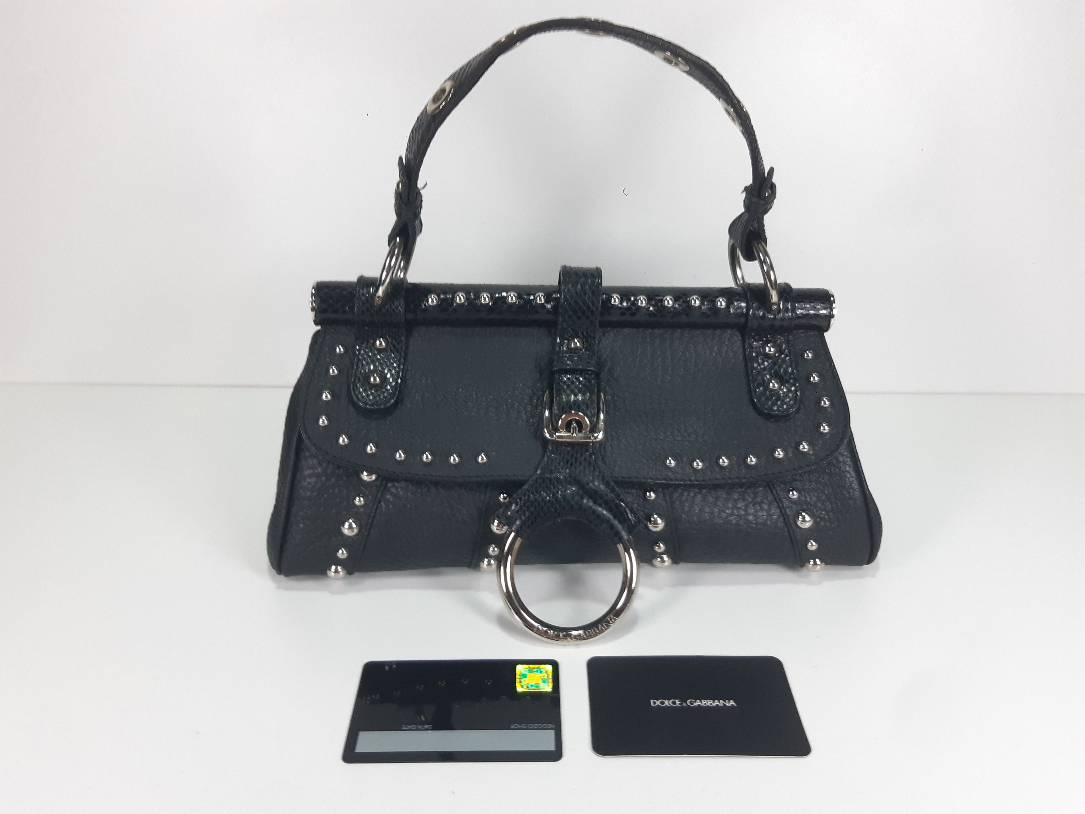 Dolce Gabbana Ring Studded Baguette Leather Shoulder Bag in Black, Women's