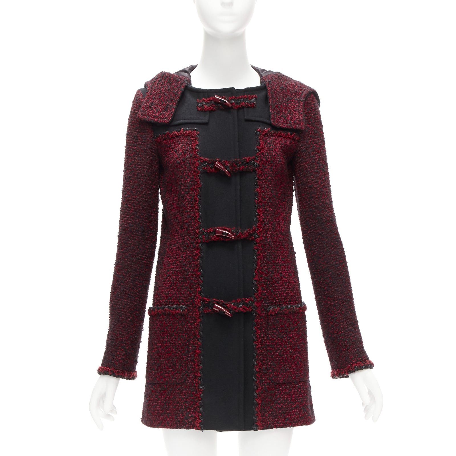 Chanel CHANEL 11A Runway red black wool tweed CC logo toggle button duffel coat FR36 S Size S / US 4 / IT 40 - 1 Thumbnail