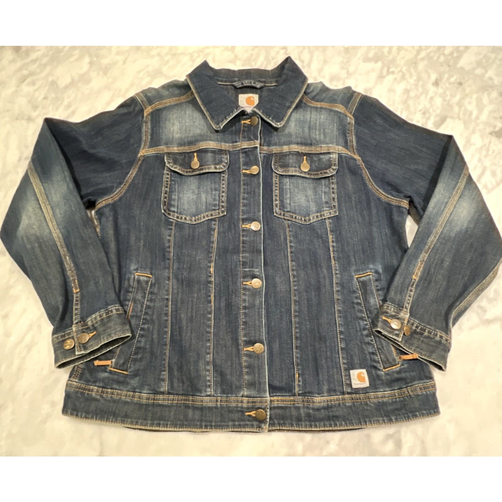 Carhartt Carhartt Denim Trucker Jacket Women’s XL 16-18 Button Up Zip Pockets Stretch Blended Cotton Denim Blue Vintage No N/A Size XL / US 12-14 / IT 48-50 - 3 Thumbnail