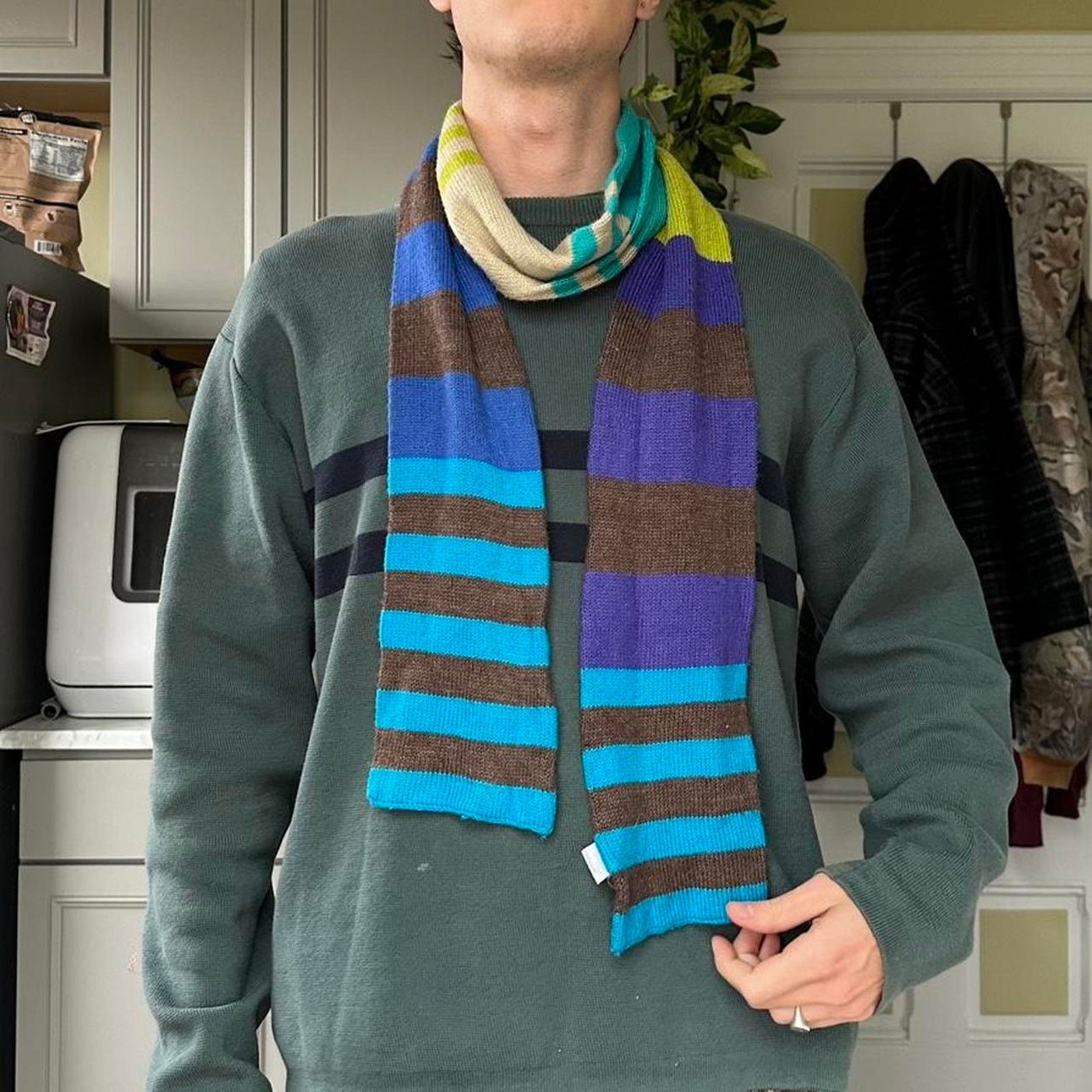 Old Navy × Vintage Vintage 00s Old Navy Blue Brown Green Striped Winter Scarf Size ONE SIZE - 7 Thumbnail