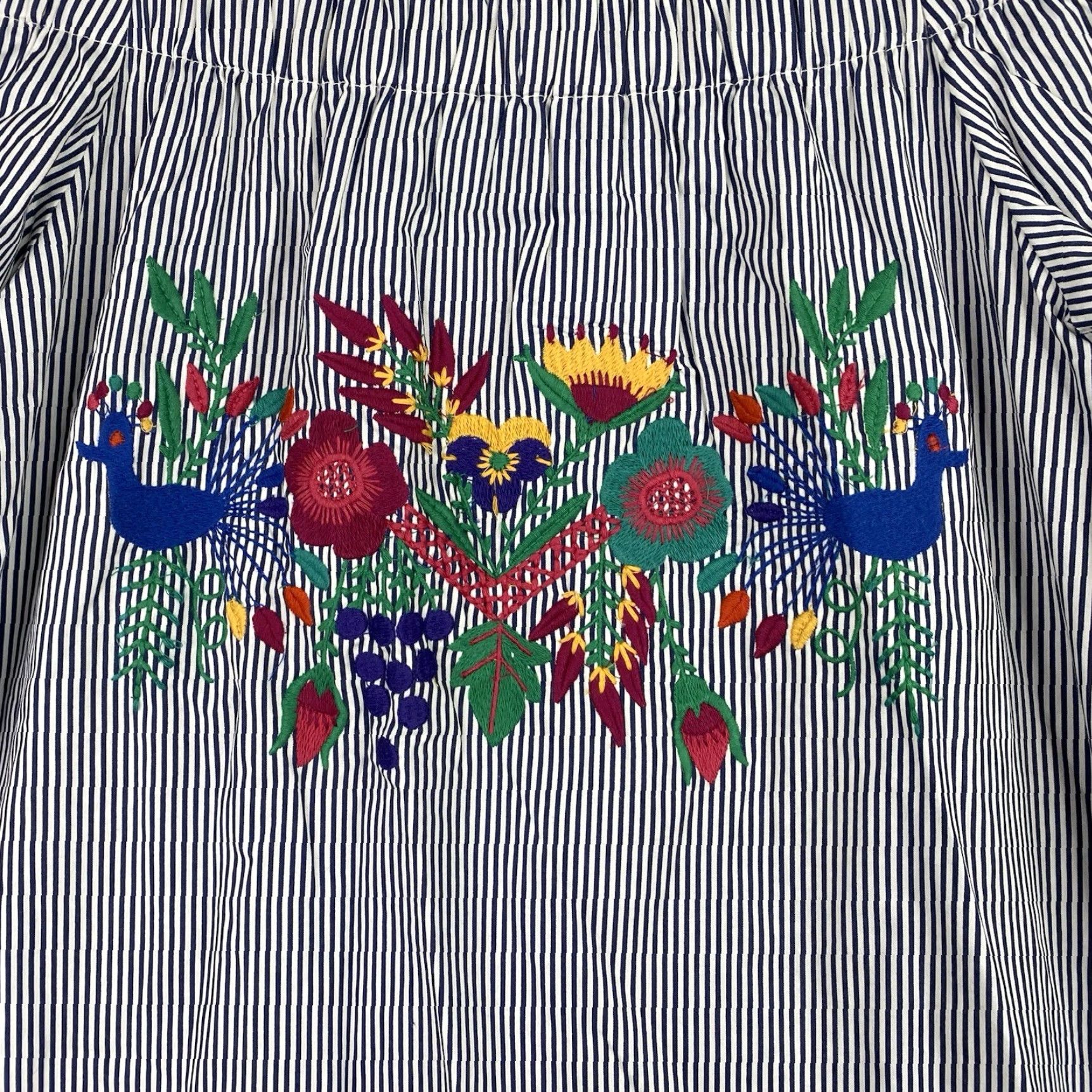 Vintage Judith March Dress S Blue Stripe Embroidered Peasant Off Shoulder Knee Length Boho Floral 100% Cotton Size S / US 4 / IT 40 - 2 Thumbnail