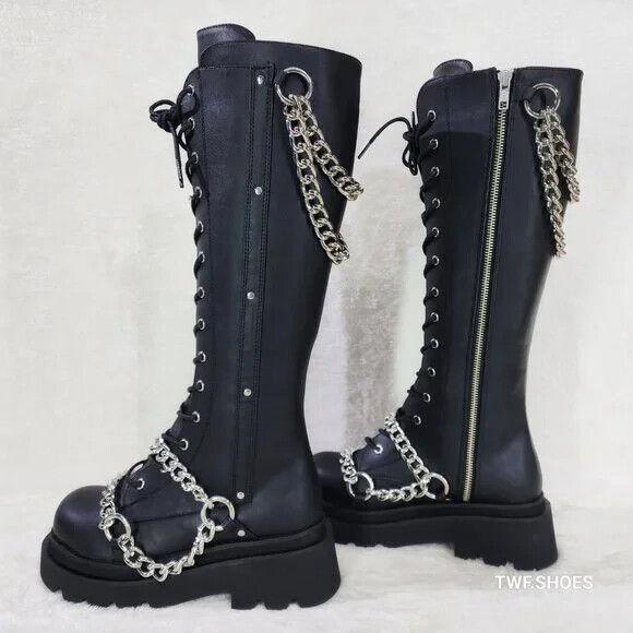 DEMONIA Renegade Draped Chain Combat Knee High Boots Goth Pu