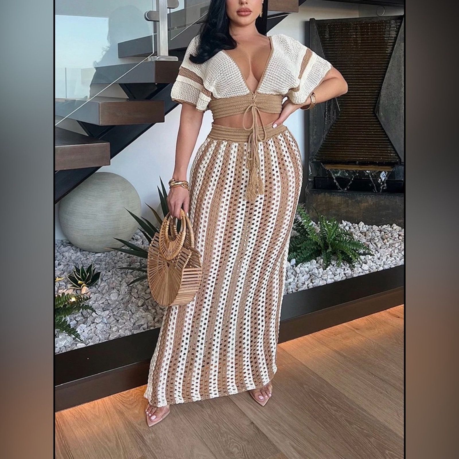 Other New Chic Crochet Maxi Skirt in Tan and White one size Size 27" / US 4 / IT 40 - 1 Thumbnail