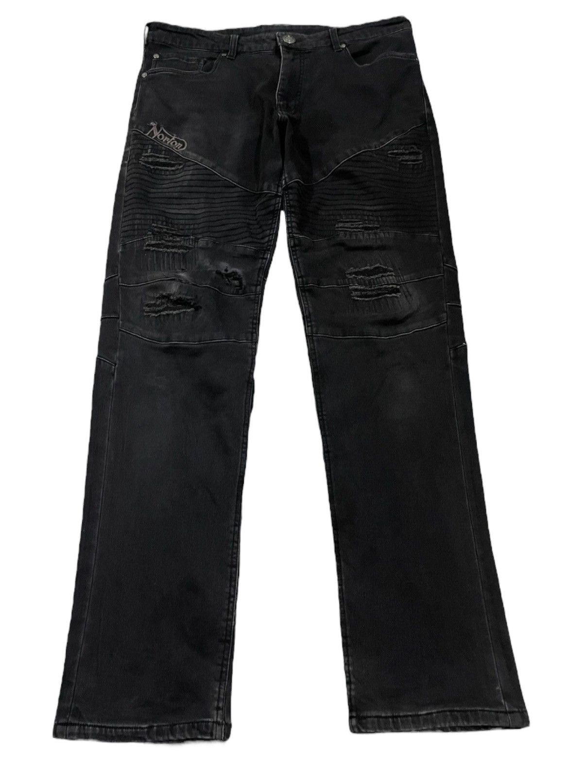 14th Addiction Vintage Norton Motorcycle Distress Style Biker Jeans Size US 36 / EU 52 - 1 Thumbnail