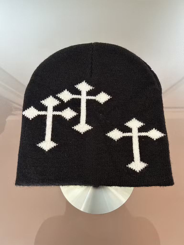 image of Vintage Gothic Cross Beanie (Black+White), Men's