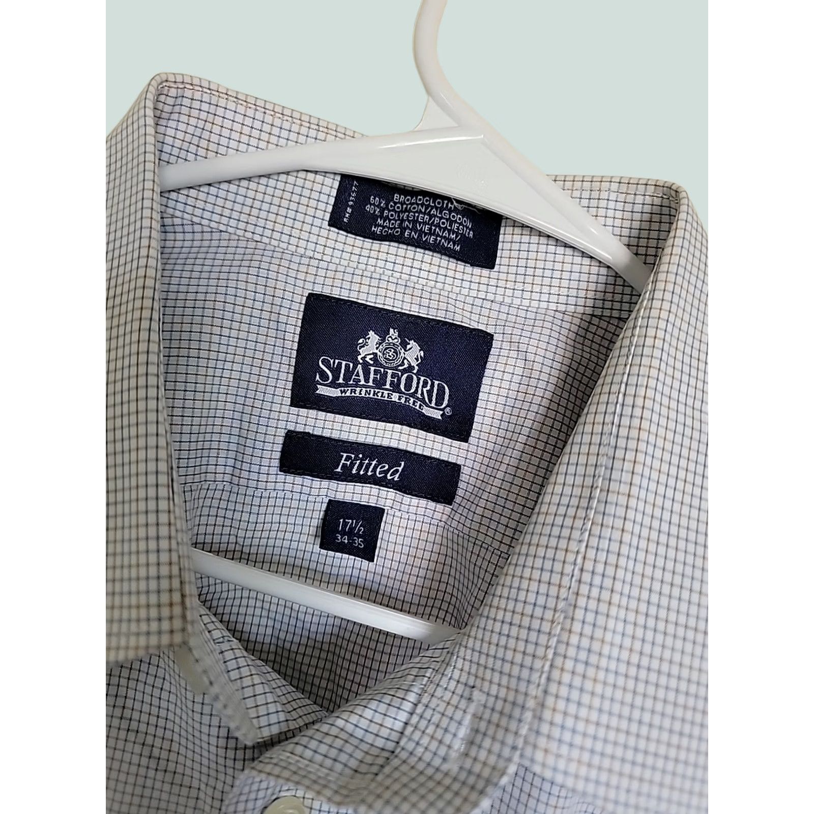 booties with short dress Stafford Stafford Shirt Men Sz 17 34-35 Blue Plaid Wrinkle Free Fitted Shirt Button-Down Long Sleeve this long Stafford Mens Savings Dress Shirts