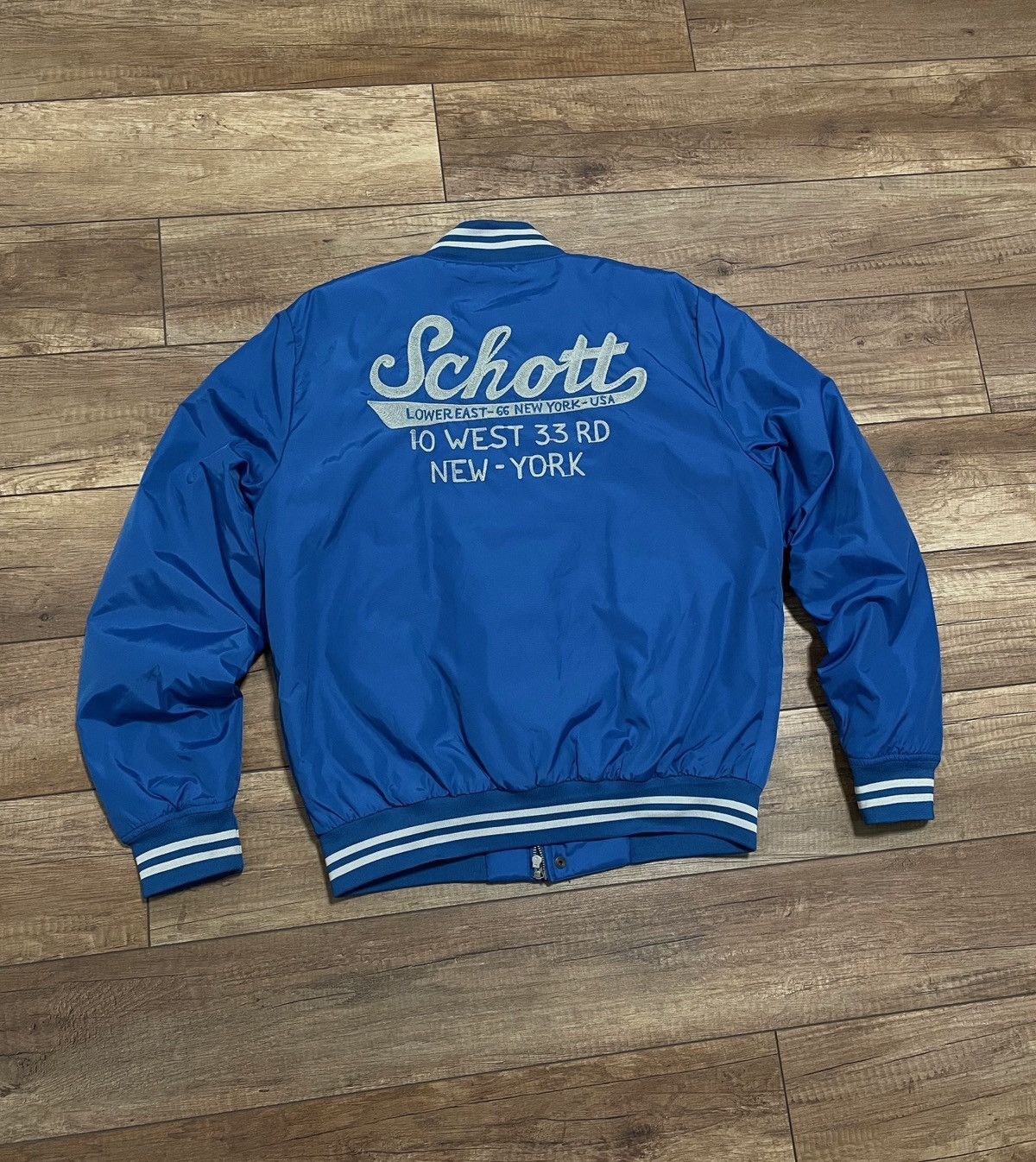 Schott Schott NYC Blue Nylon College Bomber Jacket Big Logo Size US L / EU 52-54 / 3 - 1 Thumbnail