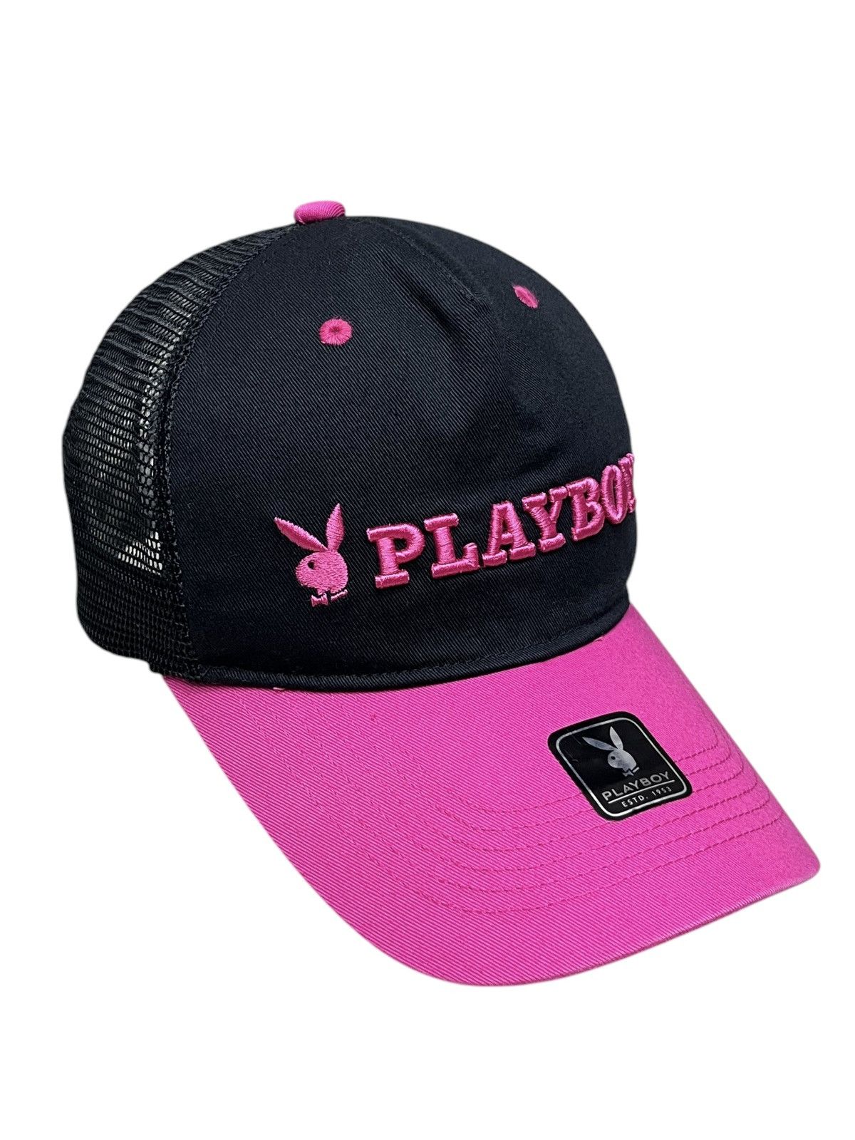 🐇Vintage PLAYBOY Embroidery Spellout Black Pink Trucker Hat