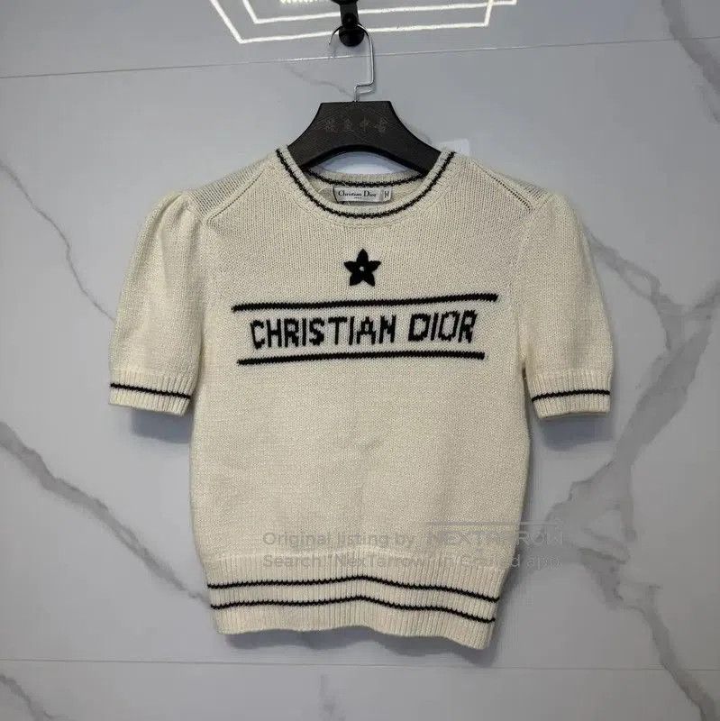 Dior Cream Wool Logo Short-Sleeve Sweater .