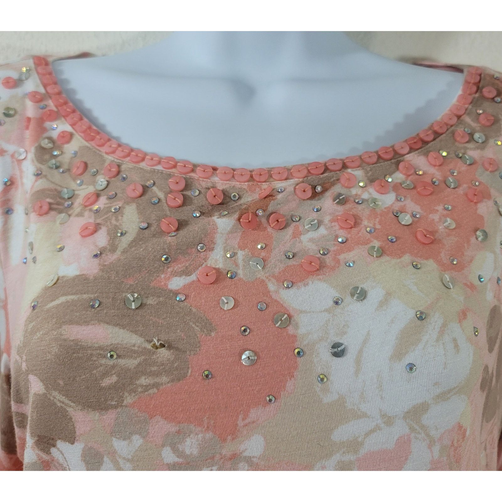 Other Ruby Rd Pink Salmon Floral Print Beaded Sequin Bodice Medium Size M / US 6-8 / IT 42-44 - 5 Thumbnail