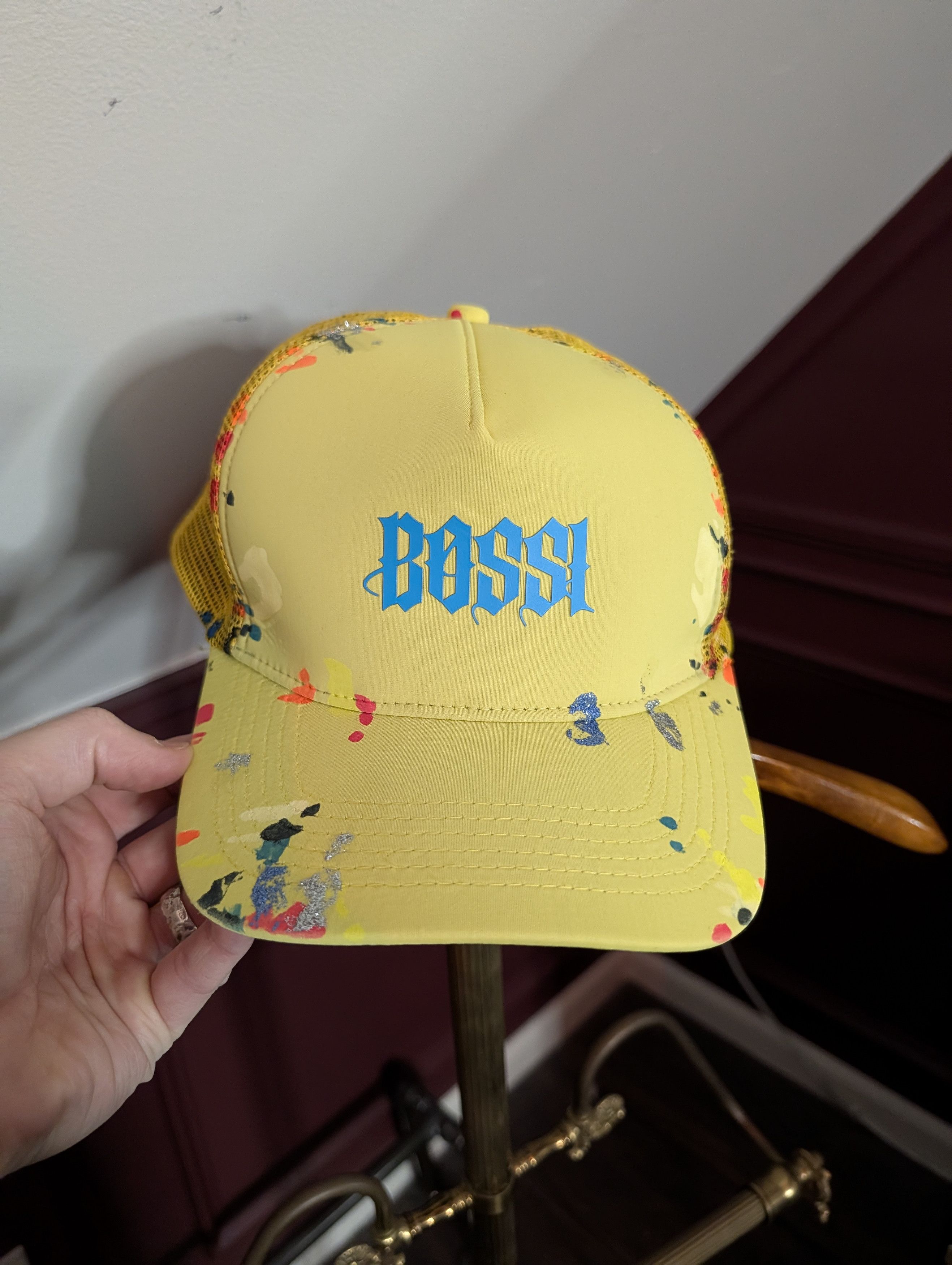 Bossi Sportswear $750 Yellow logo graphic paint spattered trucker hat Size ONE SIZE - 2 Thumbnail