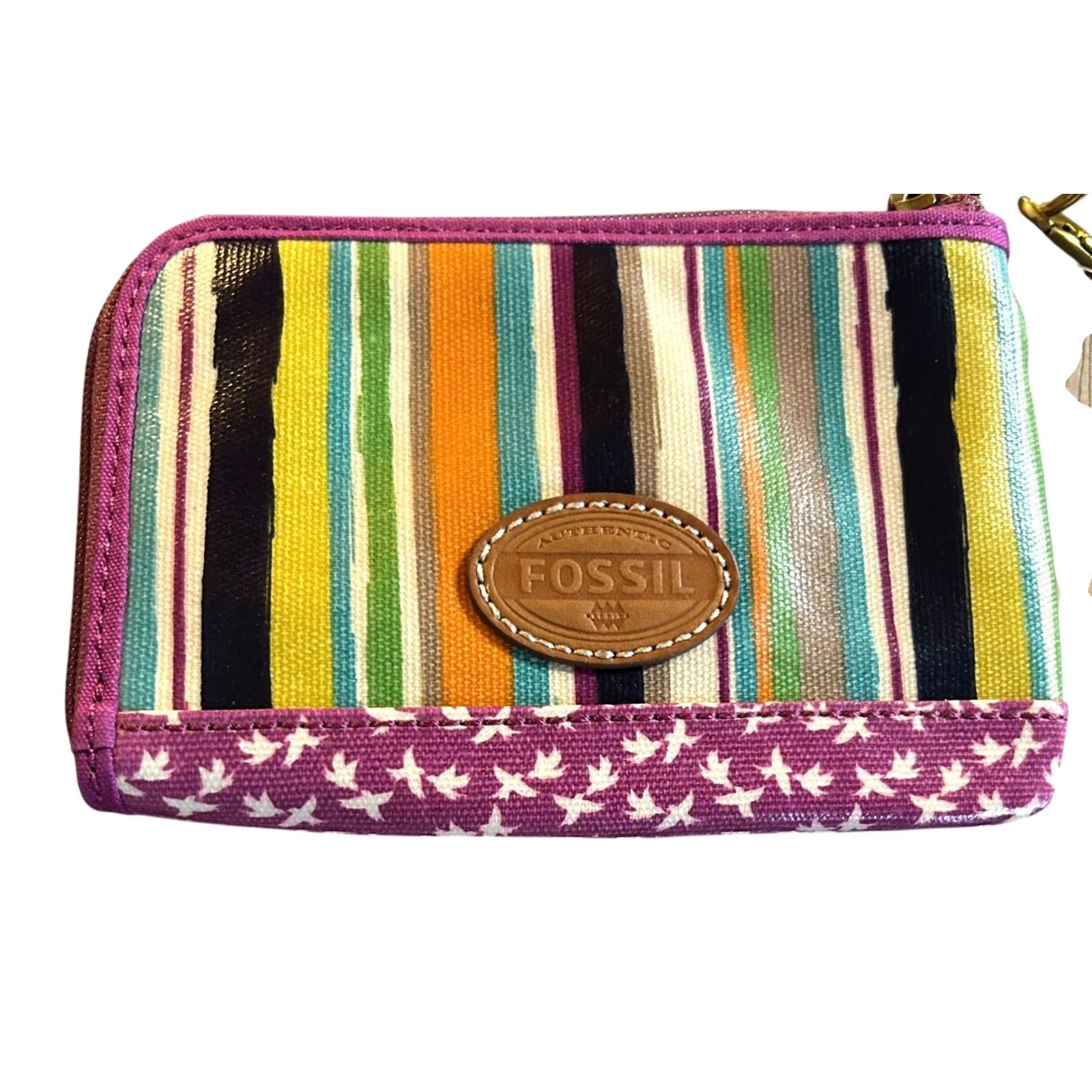 Fossil VINTAGE Fossil Purple Striped Birds Coated Canvas Leather Trim Wristlet Wallet Women NWT Size ONE SIZE - 2 Thumbnail