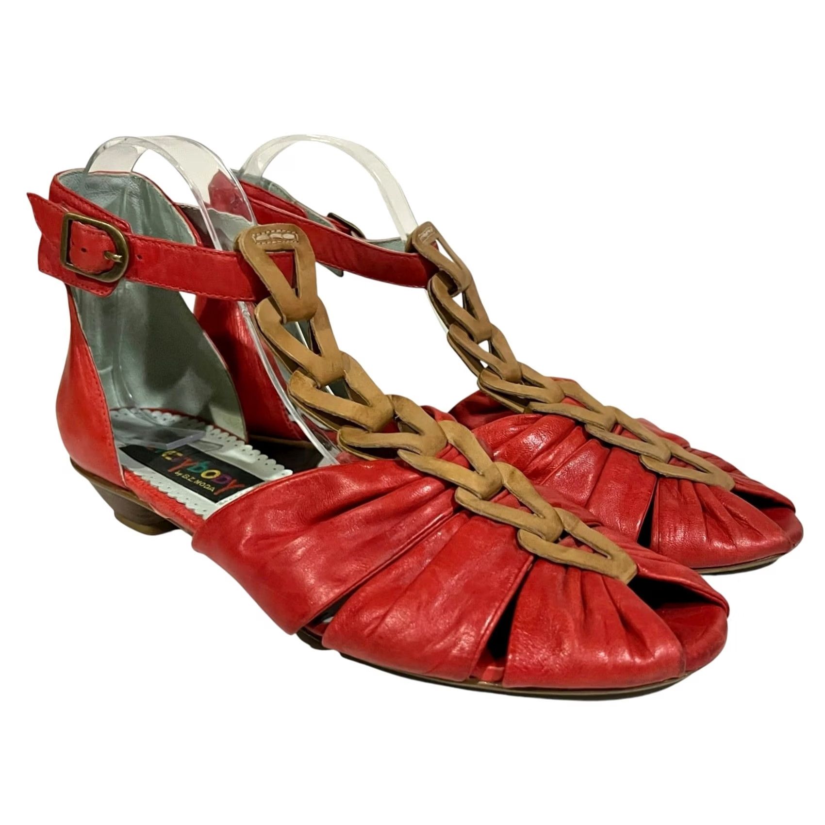 Vintage Everybody by B.Z. Moda Sandals Womens EU 40.5 Red & Tan Leather Ankle Buckle Heel Sandal Shiny Strappy Party/Cocktail Shoes Size US 10 / IT 40 - 2 Thumbnail
