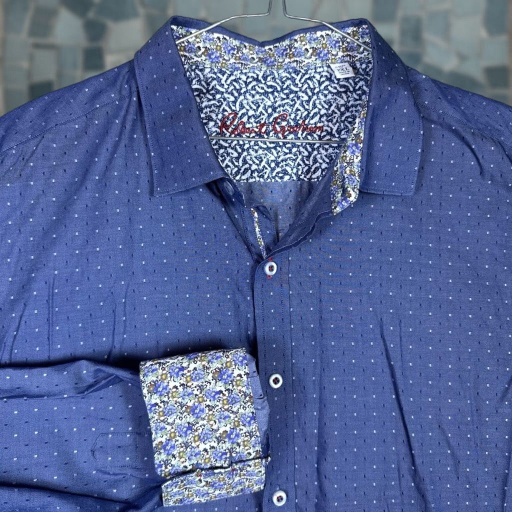 Robert Graham Robert Graham Shirt Mens 2XL Classic Floral Button-Up Knit Blue Cotton Long Sleeve Preppy Modern American Flip Cuff Size US XXL / EU 58 / 5 - 1 Thumbnail