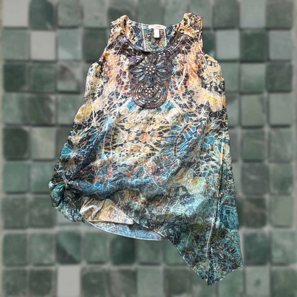 Vintage Dressbarn Blouse Top Womens Medium Blue Brown Sequins Sleeveless Lined Polyester Regular Classic Modern 90s City Fun Dressbarn Women Shirt XS? Size M / US 6-8 / IT 42-44 - 1 Thumbnail
