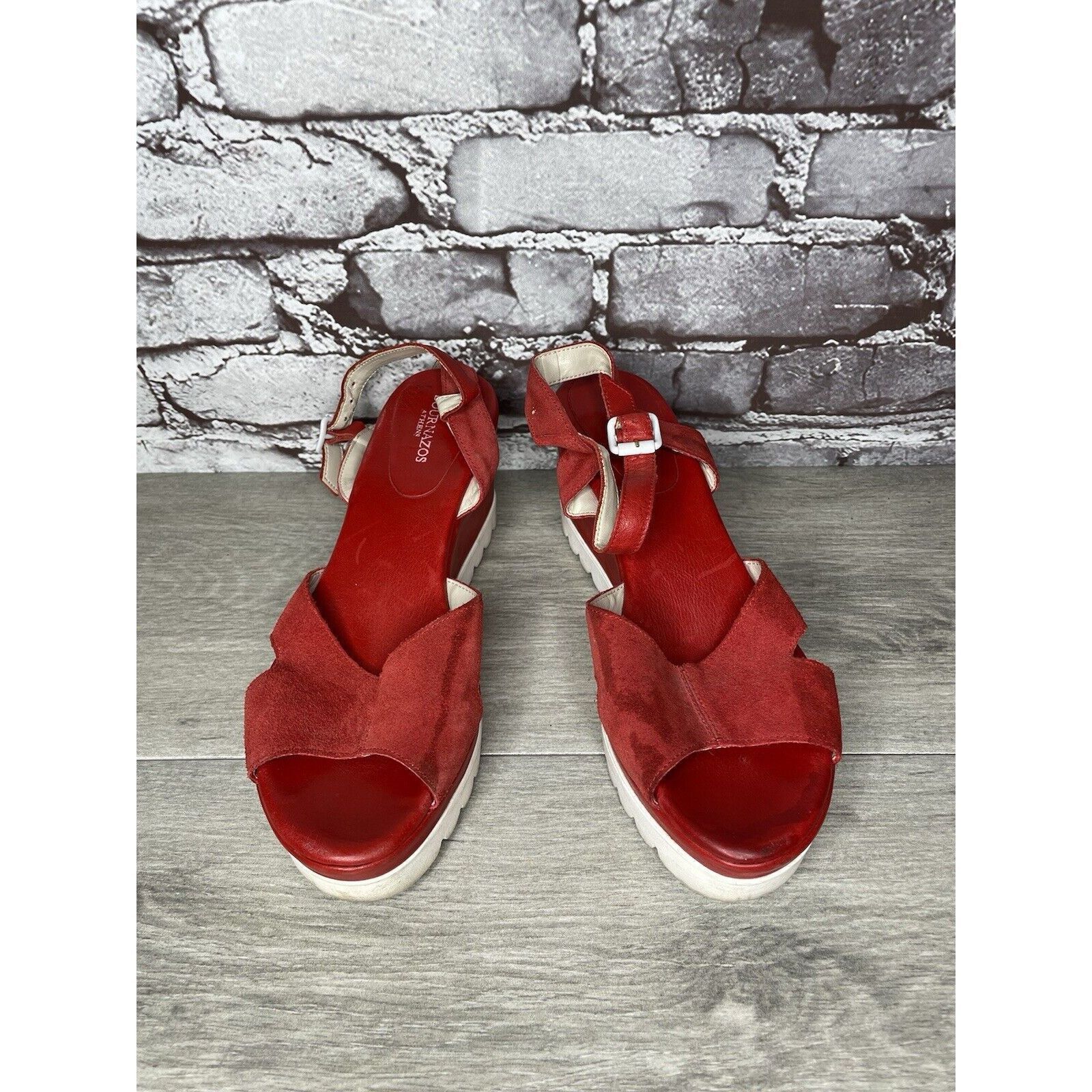 Other Bournazos Athens Red Suede Leather Ankle Strap Wedge Sandals Size US 8.5 / IT 38.5 - 1 Thumbnail