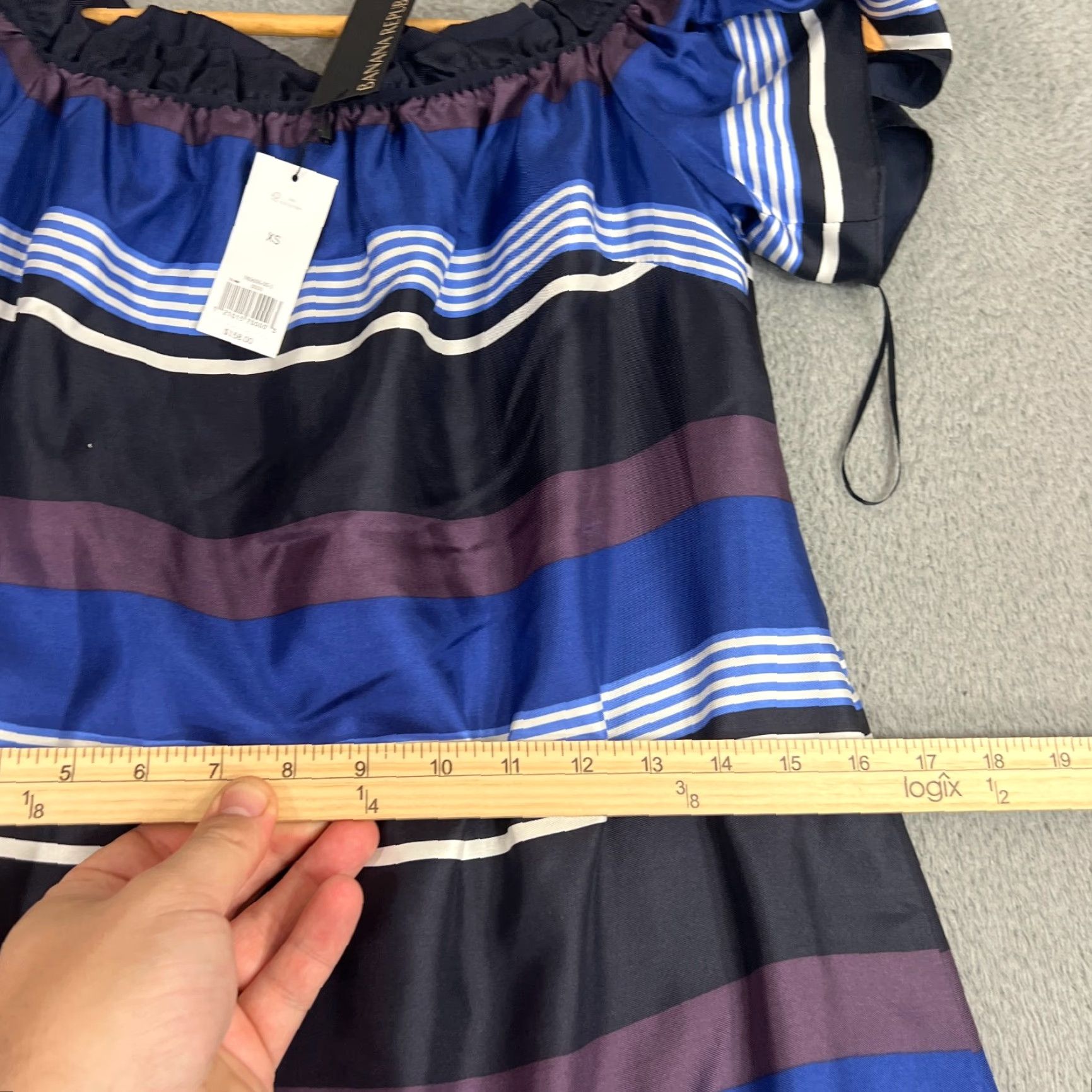 Banana Republic VINTAGE Banana Republic Silk Blue Striped Off the Shoulder Shift Dress XS Ruffle Classic Womens Size XS / US 0-2 / IT 36-38 - 7 Thumbnail