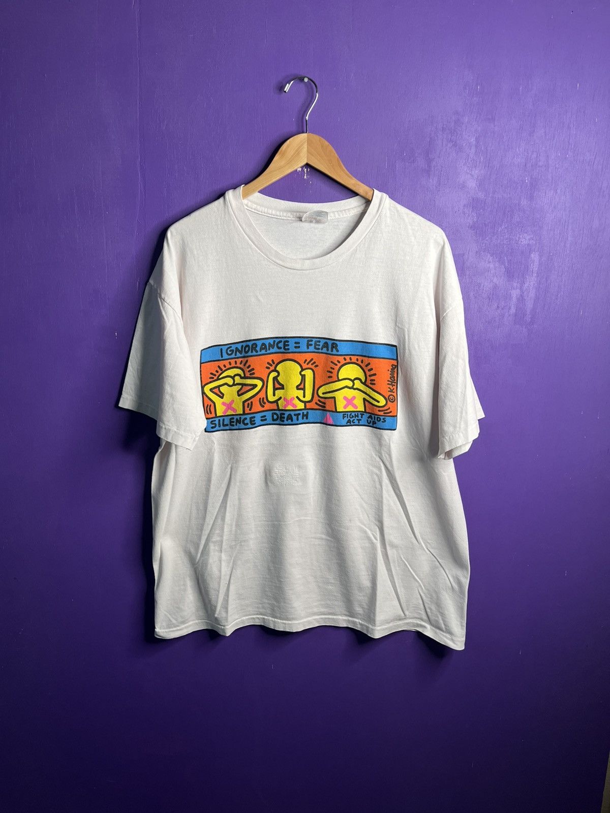 Vintage Vintage 90s Keith Haring ignorance = fear art t-shirt Size US XL / EU 56 / 4 - 1 Thumbnail