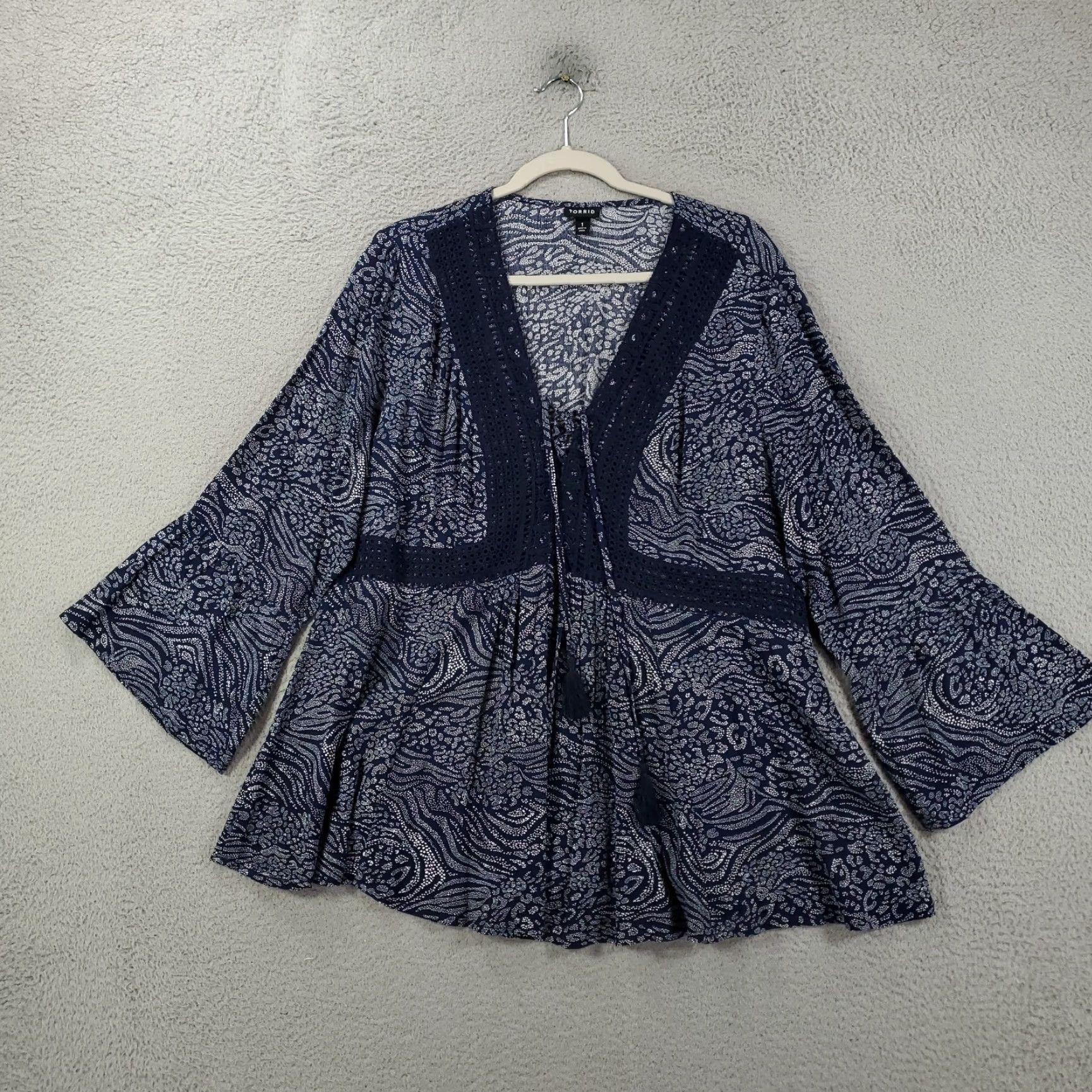 Torrid TORRID Bohemian Tunic Blouse Womens Plus Size 1X Long Sleeve V-Neck Tasseled Geometric Stripe Navy Blue Size XL / US 12-14 / IT 48-50 - 2 Thumbnail