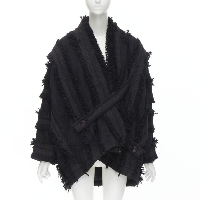 Issey Miyake ISSEY MIYAKE 1980's Vintage grey wool fringe oversized wrap Cocoon coat M rare Size M / US 6-8 / IT 42-44 - 1 Thumbnail