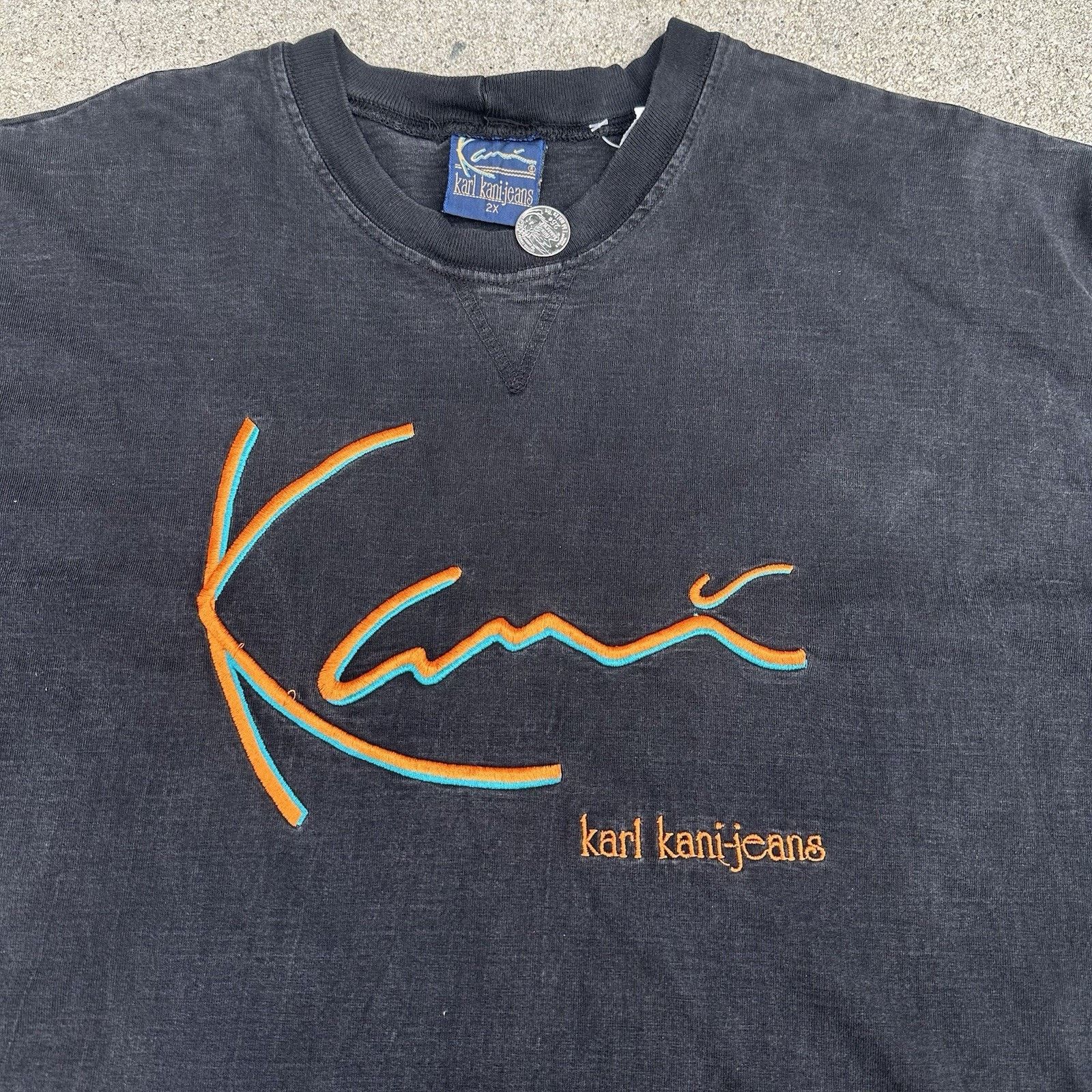 Karl Kani × Vintage Vintage 90s Karl Kani Faded Black Signature T-Shirt 2XL Size US XXL / EU 58 / 5 - 1 Thumbnail