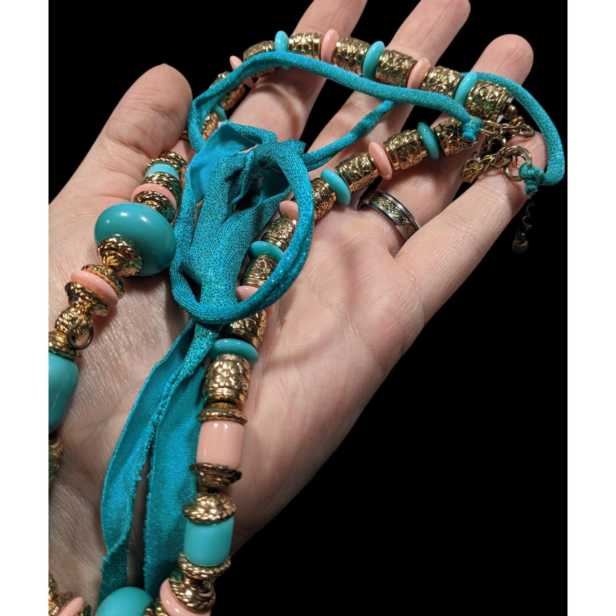 Other Vintage Bohemian Festival Blue Pink And Gold Floral Necklace Size ONE SIZE - 4 Thumbnail