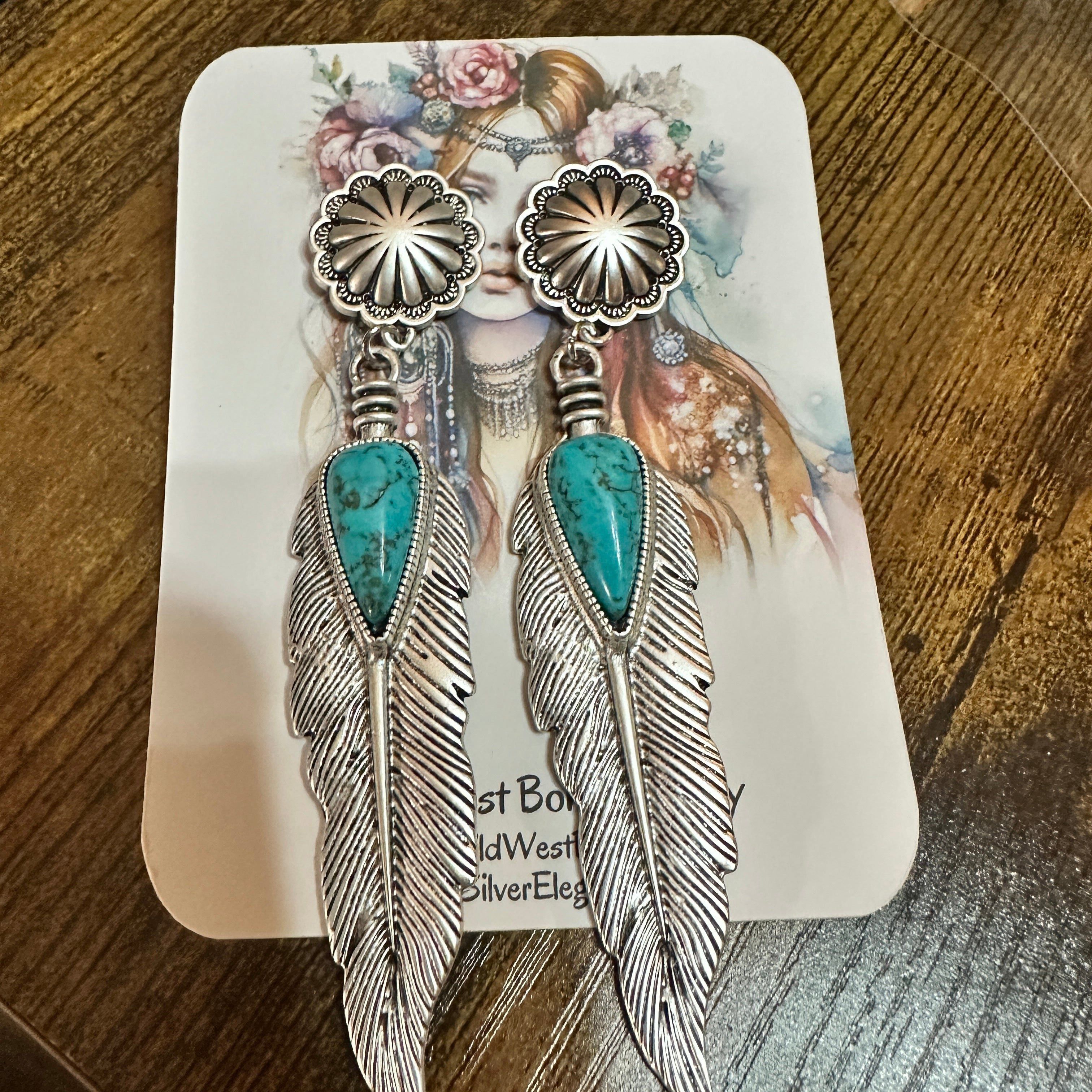 Other Feather Turquoise Post Earrings 4 Inches Long Antique Silver Size ONE SIZE - 7 Thumbnail