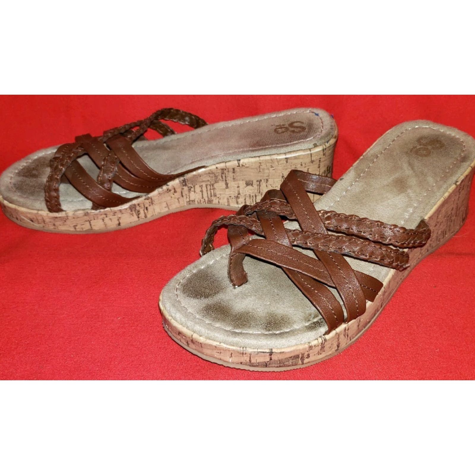 Vintage SO Women's Slide Platform Wedge Sandals Size 7.5M Brown Crossovers Toe Post - Slip On, Faux Leather, Suede Insole, Casual Shoes, Women, 2.5" Heel Size US 6 / IT 36 - 4 Thumbnail