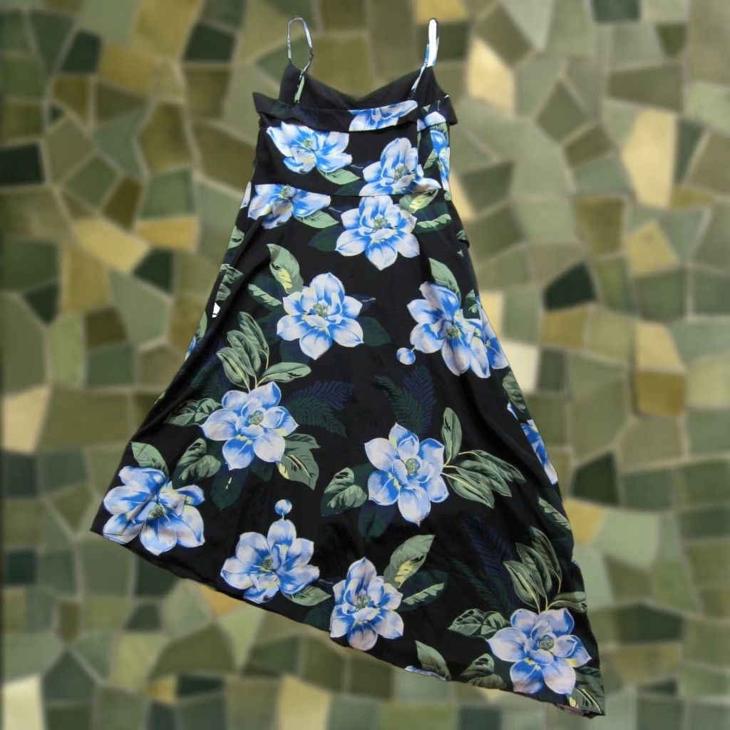 Banana Republic Banana Republic Black Blue Green Floral Asymmetrical Midi Slip Tank Sun Dress 4 Size S / US 4 / IT 40 - 1 Thumbnail