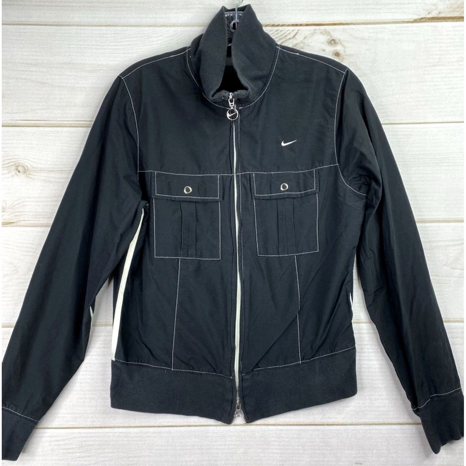 Nike VINTAGE Nike Moto Style Track Jacket Womens M Black Lightweight Swoosh Y2K Size M / US 6-8 / IT 42-44 - 2 Thumbnail