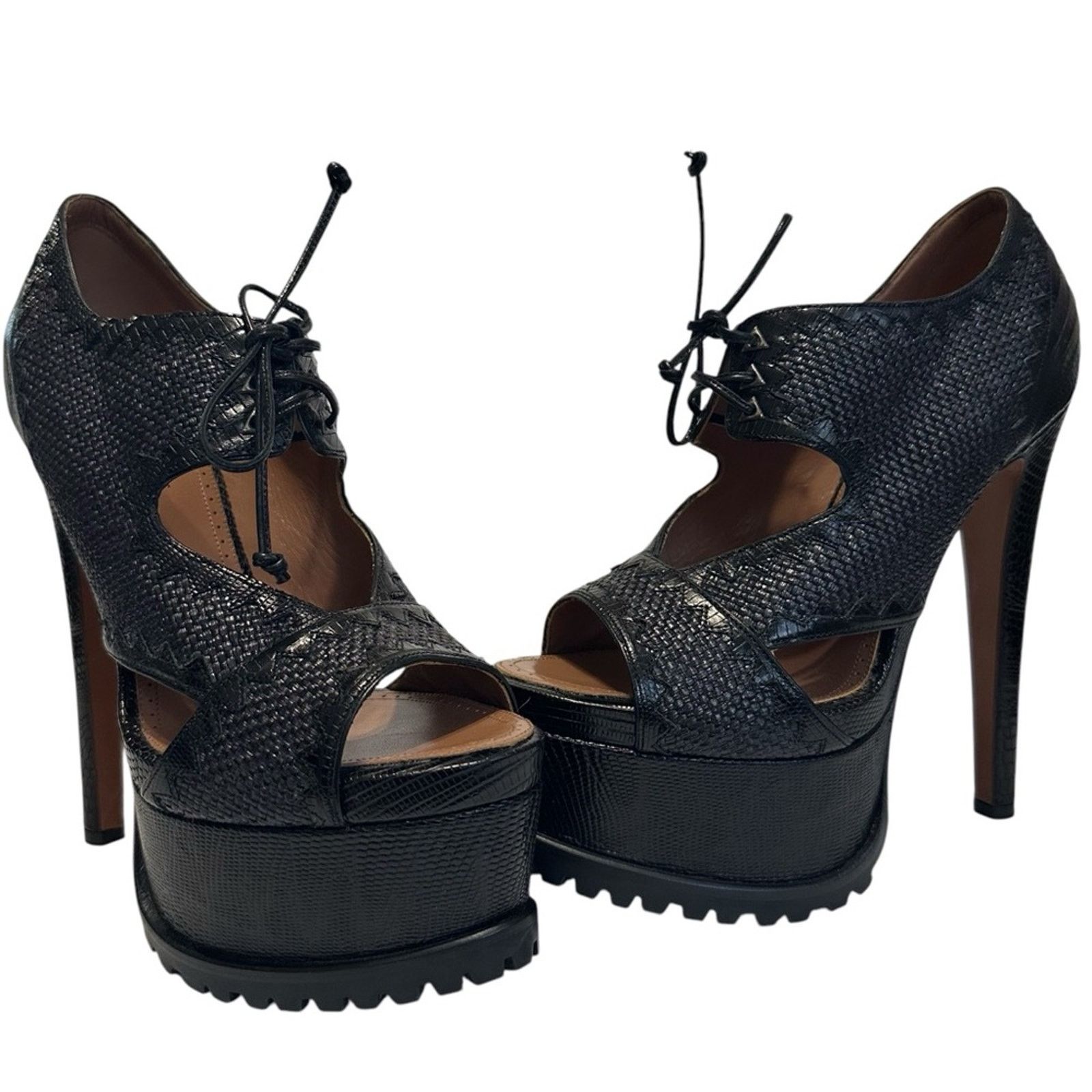 Alaia New Leather Trek Platform Heel Shoes Black Open Toe Lace Up Eu 39, Women's (Size 8)