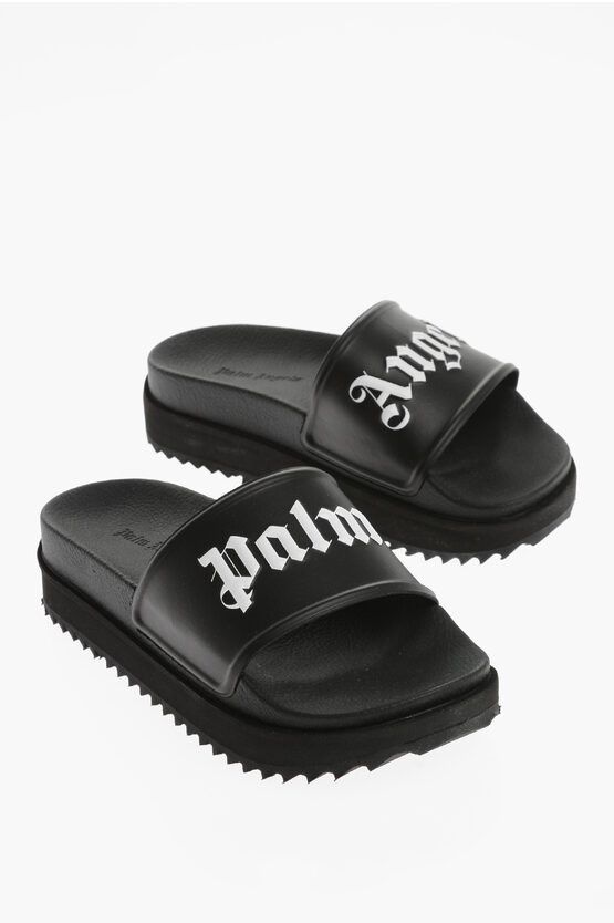image of Palm Angels Logo Print Platform Slides in Black, Women's (Size 7)