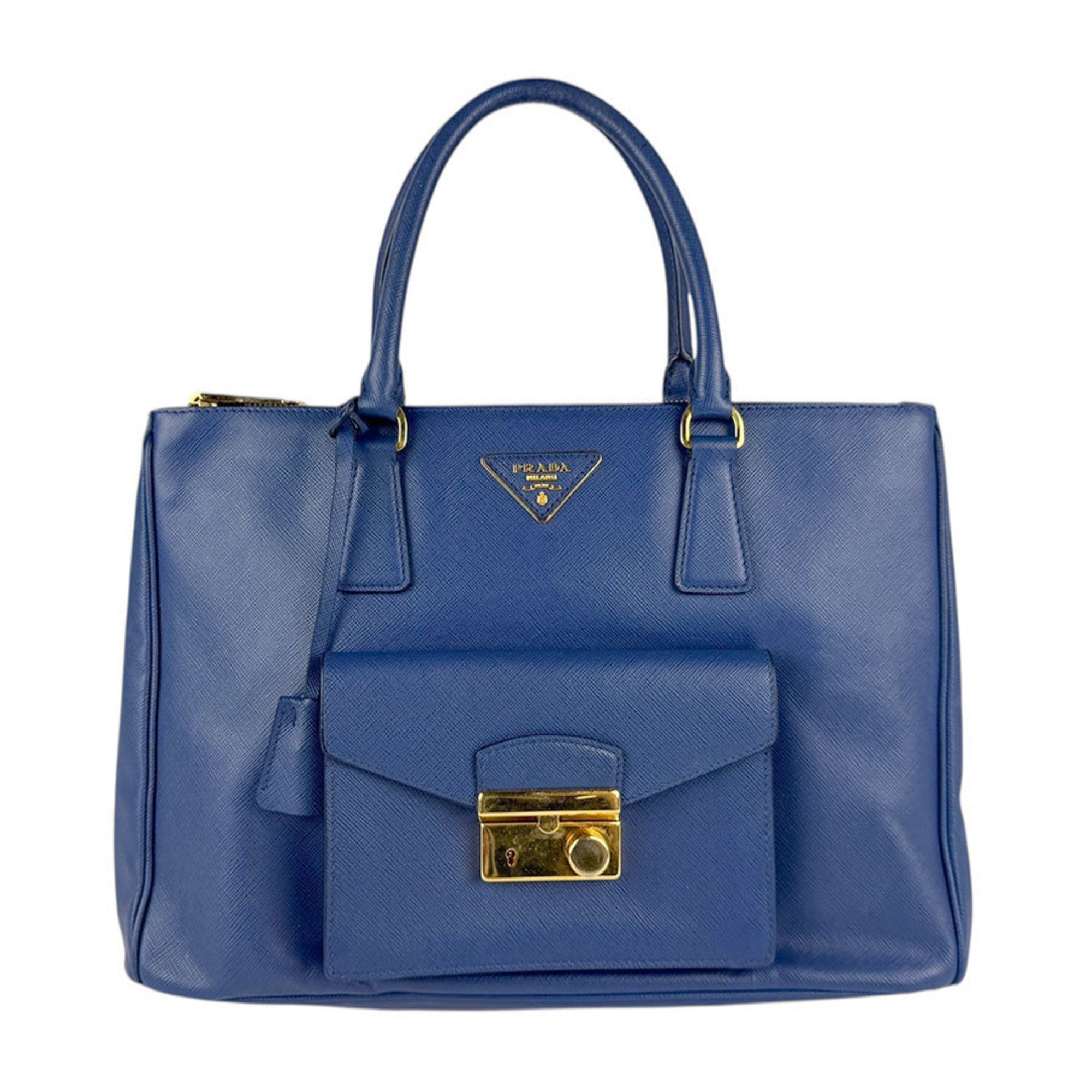 Prada Handbag Shoulder Bag Leather Navy Blue Gold Women's Z5084