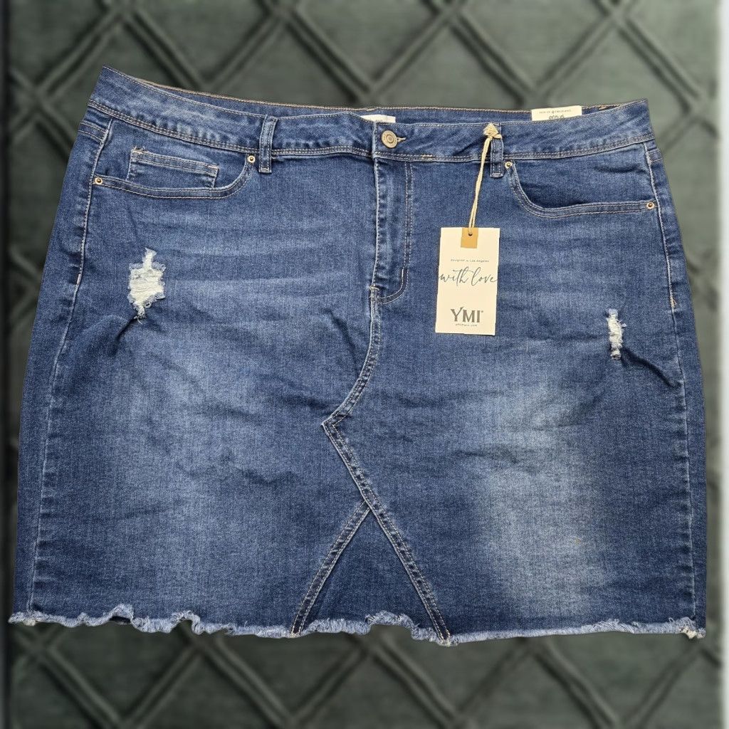 Denime YMI Skirt Womens 20 Blue Stretch Denim Distressed Frayed Hem Front Slit NWT Size 42" / US 20 - 1 Thumbnail