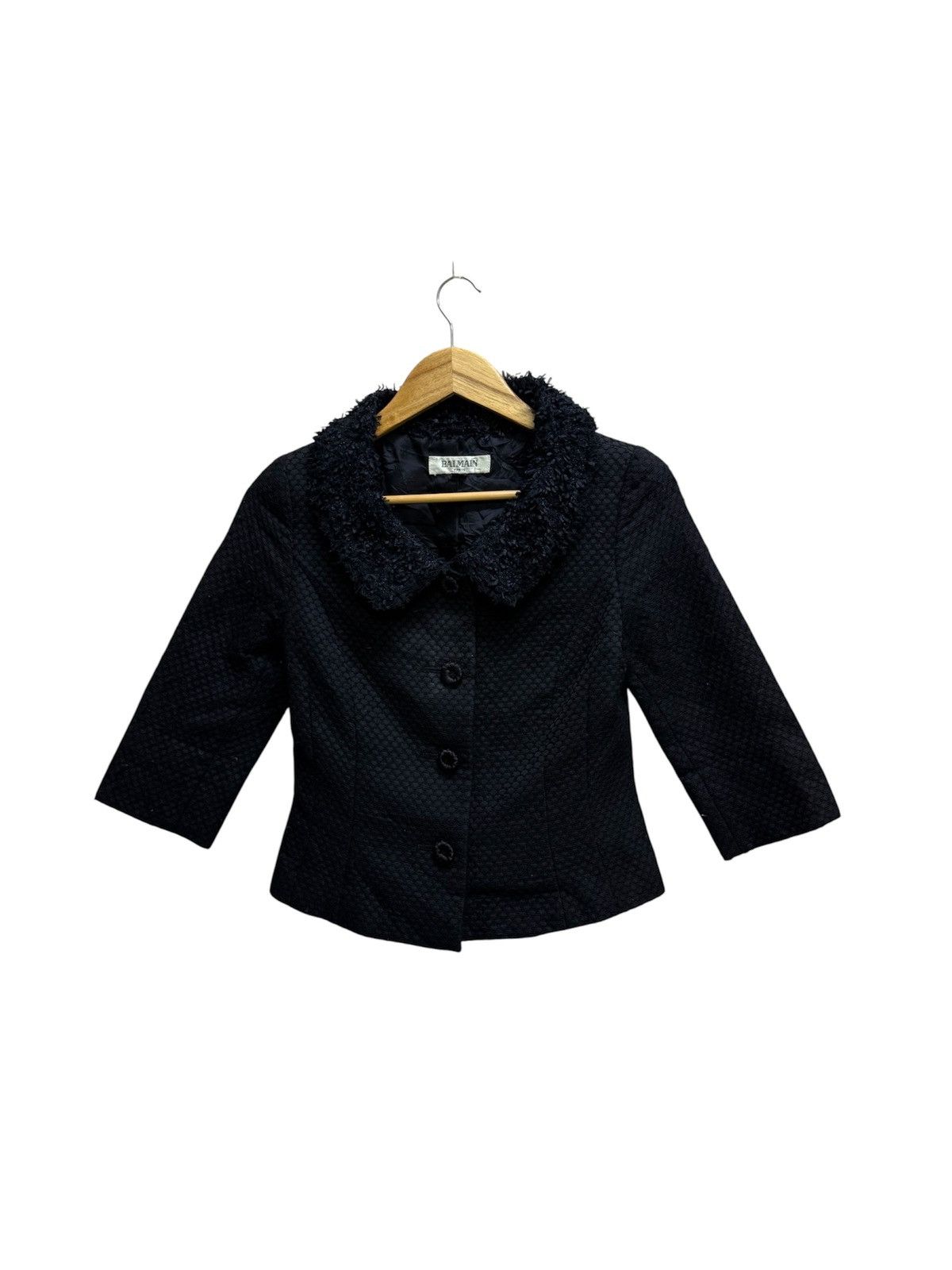 Balmain BALMAIN BLACK TEXTURED JACKET FUR COLLAR THREE QUARTER SLEVE Size XS / US 0-2 / IT 36-38 - 1 Thumbnail