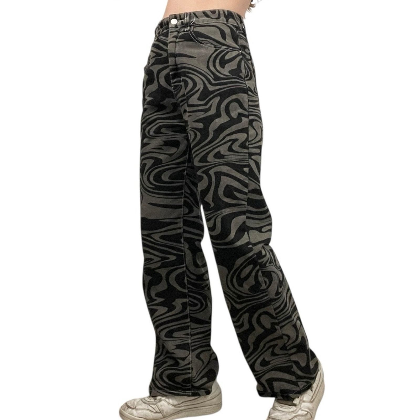 Shein SHEIN High Rise Grey & Black Abstract Swirl Statement Pants Size 28" / US 6 / IT 42 - 3 Thumbnail