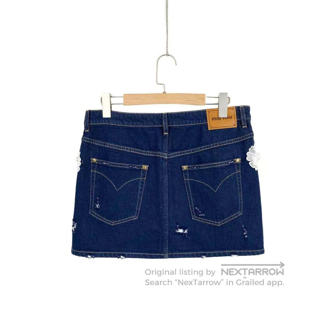 Miu Miu Miu Miu Leather brand logo lace denim skirt| Size 27" / US 4 / IT 40 - 2 Thumbnail