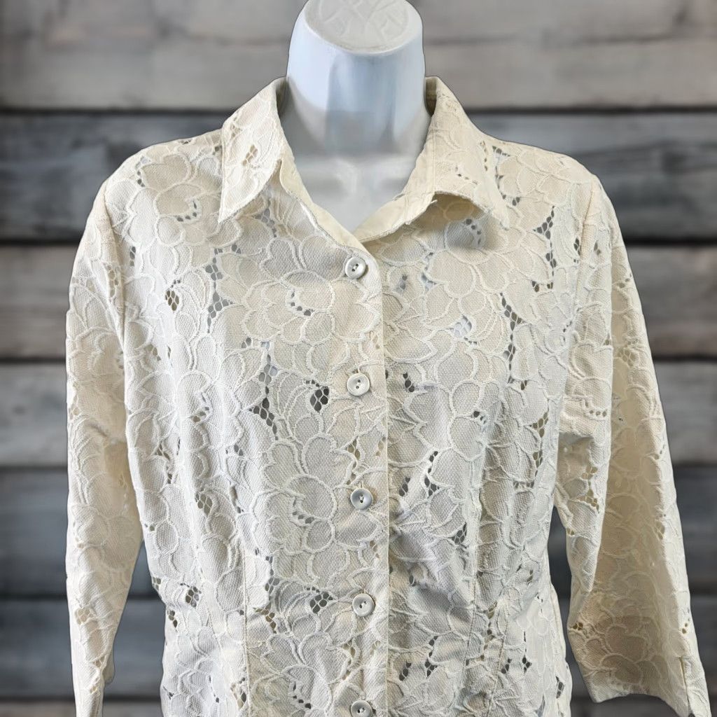 Vintage Cabi 5162 Womens Portrait Jacket Sz Medium Ivory Floral 3/4 Sleeve Button Front Size M / US 6-8 / IT 42-44 - 1 Thumbnail