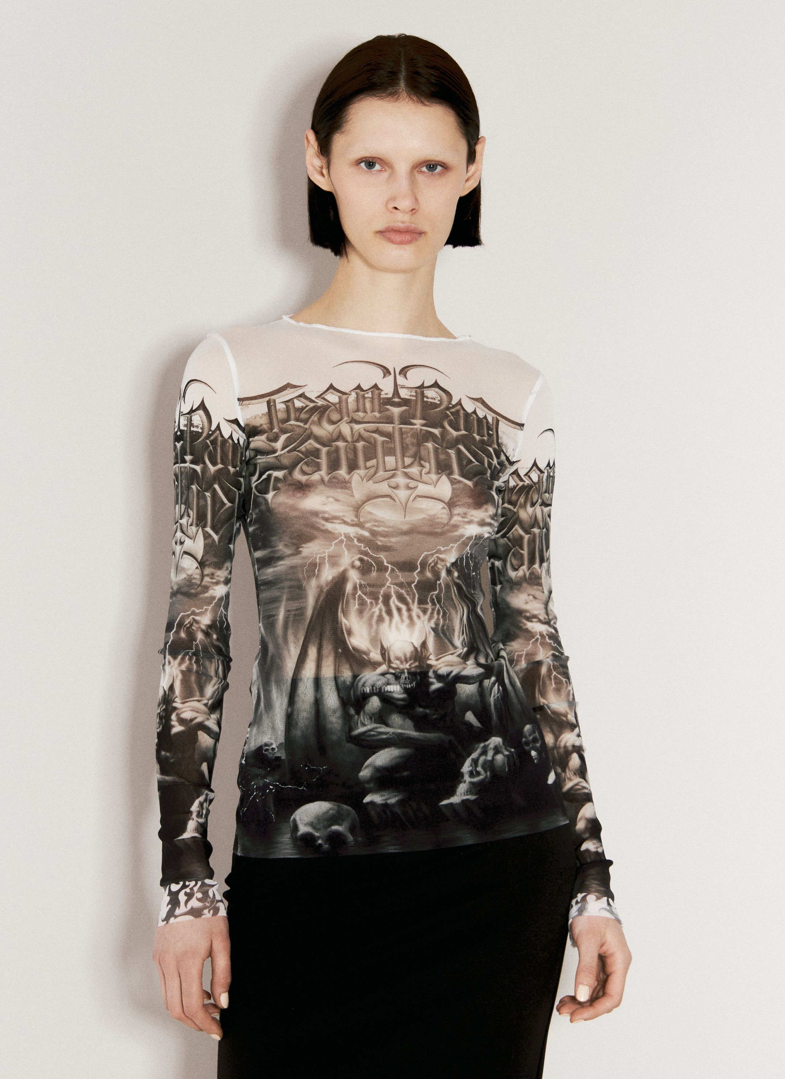 Jean Paul Gaultier o1tko10526 L/S Diablo-printed Mesh Top in Black/White Size S / US 4 / IT 40 - 1 Thumbnail