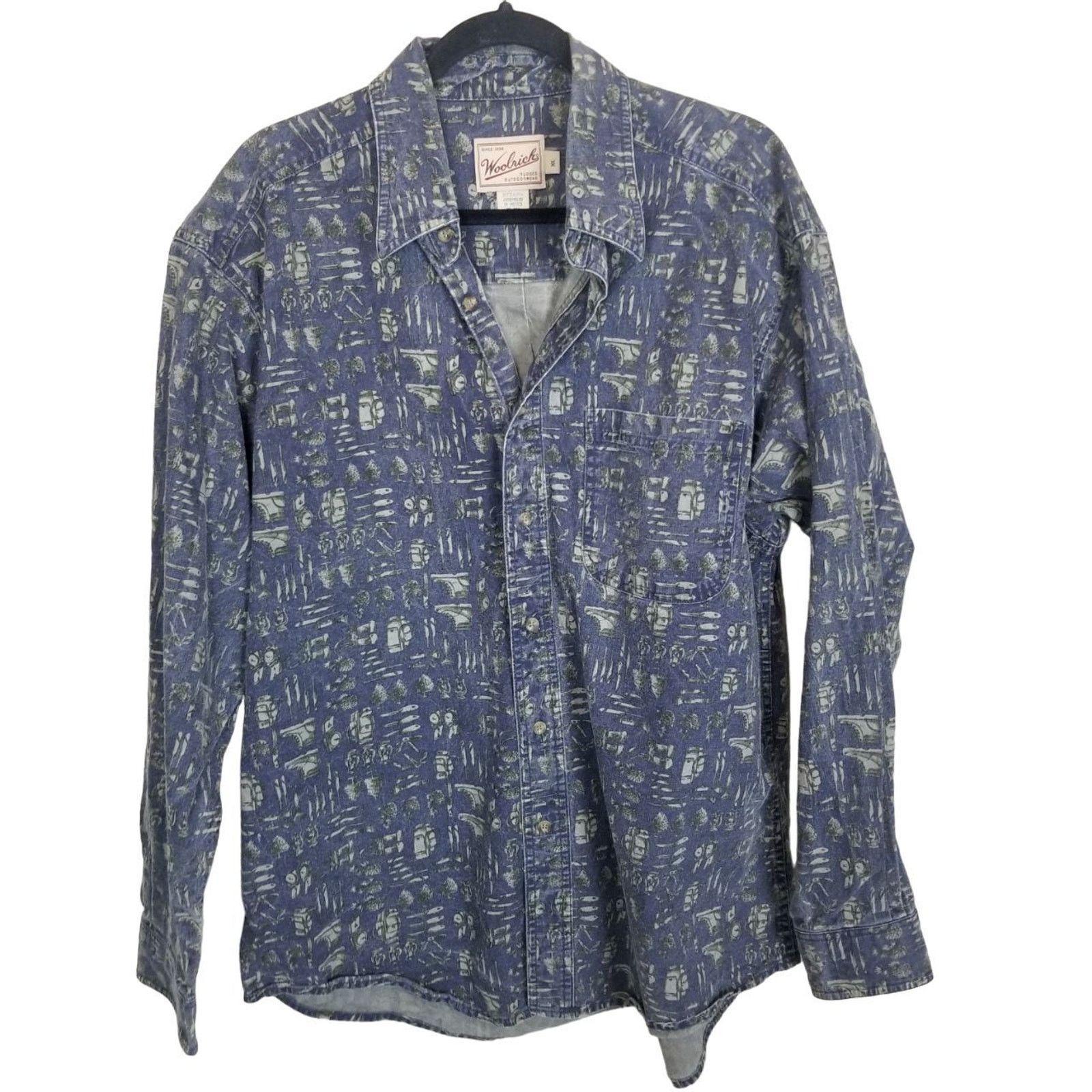 Woolrich Woolen Mills Vintage Woolrich Mens Denim Shirt All Over Print Hiking Camp Size US XL / EU 56 / 4 - 1 Thumbnail